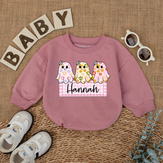 Personalized Baby Girl Halloween Ghost Romper Custom Name Cute Floral Boo Outfit Fall Bodysuit First Halloween Baby Gift