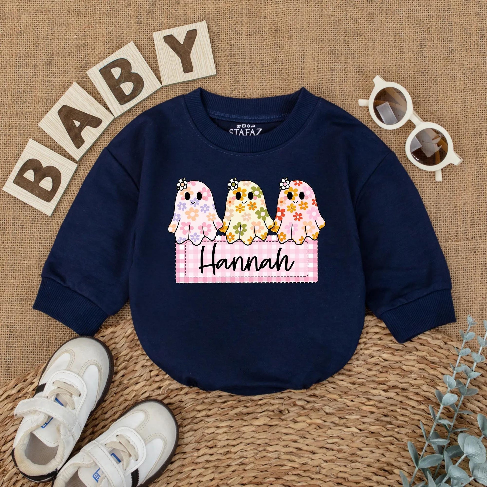 Personalized Baby Girl Halloween Ghost Romper Custom Name Cute Floral Boo Outfit Fall Bodysuit First Halloween Baby Gift