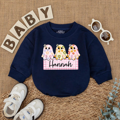 Personalized Baby Girl Halloween Ghost Romper Custom Name Cute Floral Boo Outfit Fall Bodysuit First Halloween Baby Gift