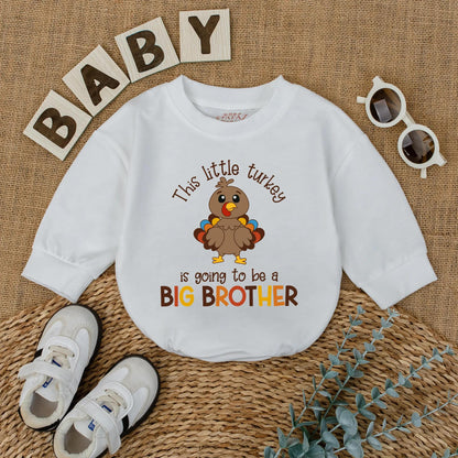 This Little Turkey Is Going To Be A Big Brother Baby Romper, a charming Thanksgiving pregnancy announcement outfit made with soft cotton for fall reveal.