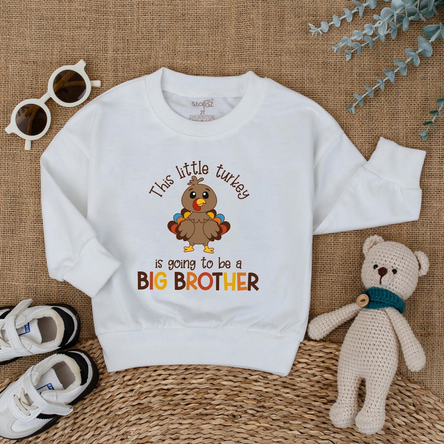 This Little Turkey Is Going To Be A Big Brother Baby Romper, a charming Thanksgiving pregnancy announcement outfit made with soft cotton for fall reveal.