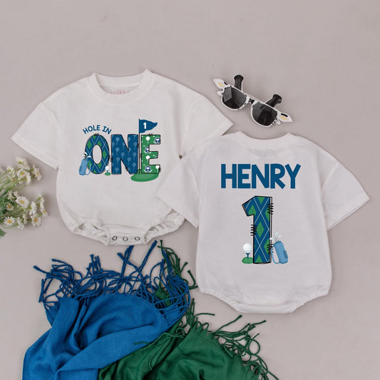 Personalized Hole in One Birthday Romper for Baby Boy, Golf First Birthday Bodysuit, Custom Cake Smash Outfit, Future Golfer Gift
