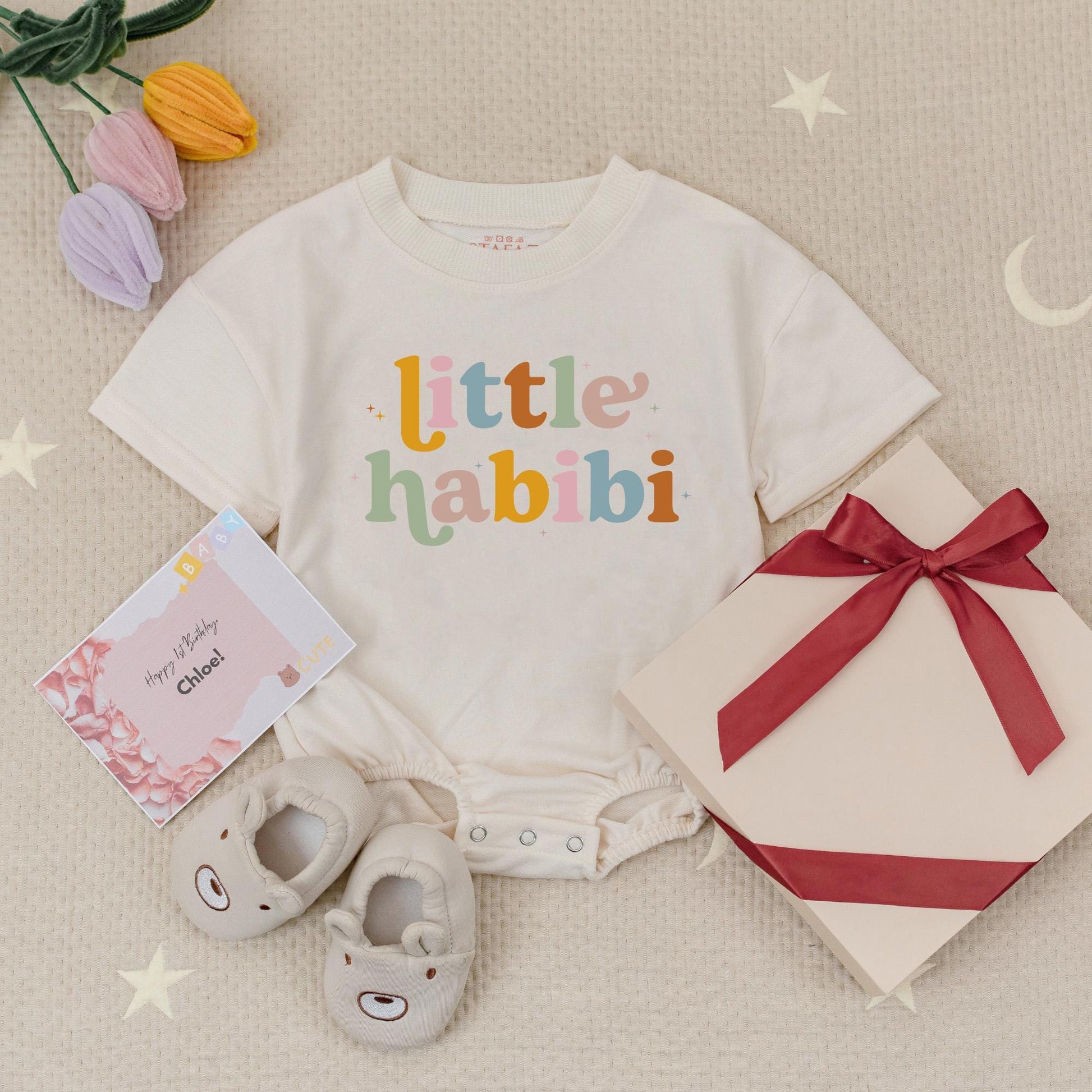 Little Habibi Pastel Baby Romper Cute Arabic Muslim Gift Soft Cotton Round Font Star Accents Cheerful Modern Outfit