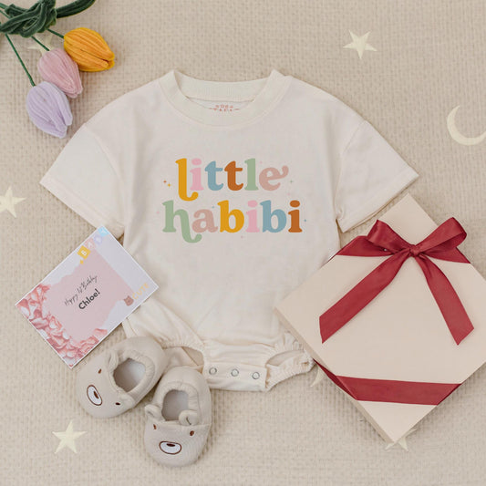 Little Habibi Pastel Baby Romper Cute Arabic Muslim Gift Soft Cotton Round Font Star Accents Cheerful Modern Outfit