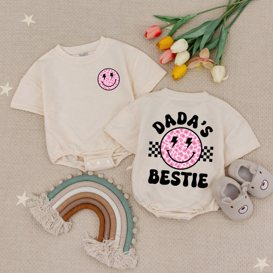 Dada's Bestie Baby Girl Romper with Pink Leopard Smiley Face & Lightning Bolts Outfit, Daddy's Girl Gift