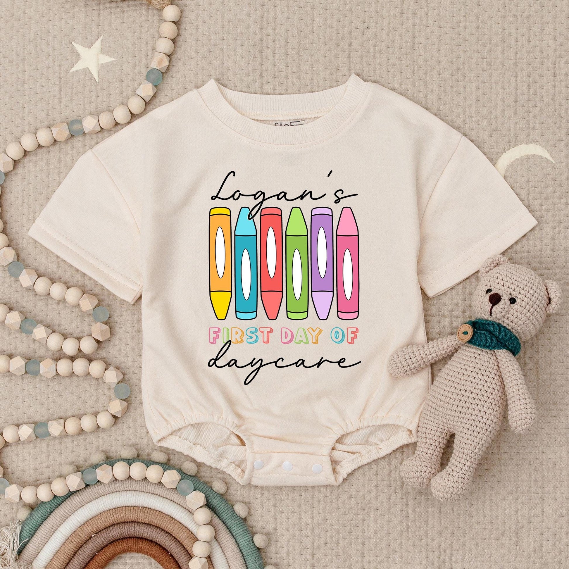 Logan's First Daycare Bodysuit - Crayon Fun! Cheerful School Vibes Baby Outfit, 1st Day of School Clothes, Cute Toddler Gift, Colorful Design