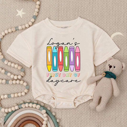 Logan's First Daycare Bodysuit - Crayon Fun! Cheerful School Vibes Baby Outfit, 1st Day of School Clothes, Cute Toddler Gift, Colorful Design