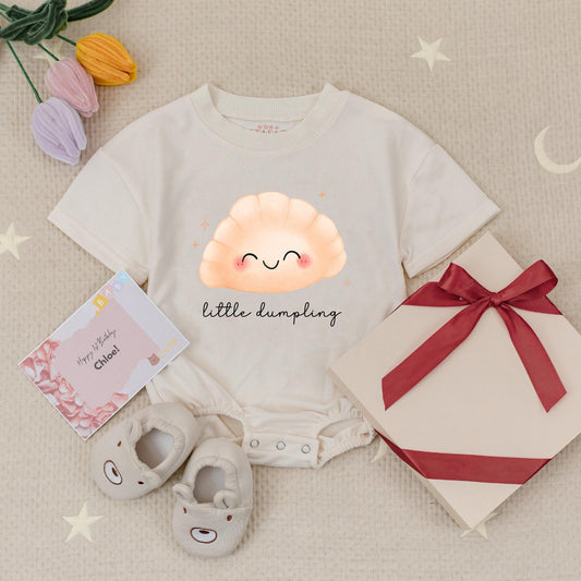 Little Dumpling Baby Romper Cute Dimsum Outfit Newborn Gift Smiling Peach & White Dumpling Graphic Cursive 'Little Dumpling' Playful Baby Shower