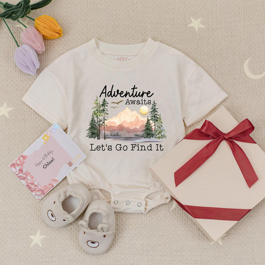 Adventure Awaits Baby Romper - Let's Go Find It! Cute Outdoor Nature Bodysuit for Little Explorers, Hiking & Travel, Whimsical Newborn Outfit 139 chars