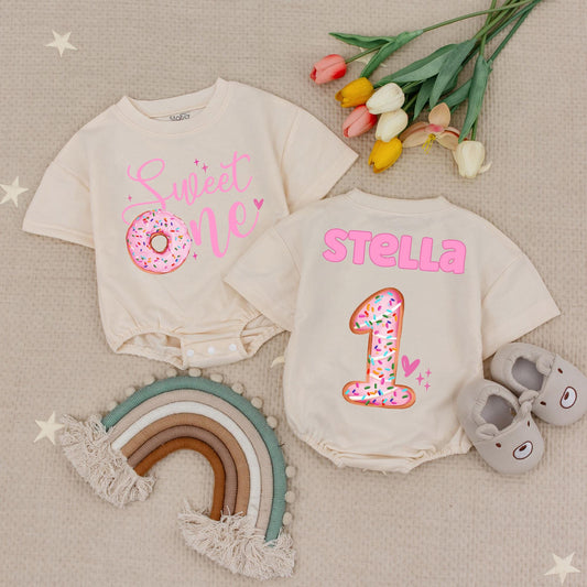 Sweet One Donut Birthday Baby Romper Pink Donut Sprinkle "Sweet One" Girl First Birthday Outfit