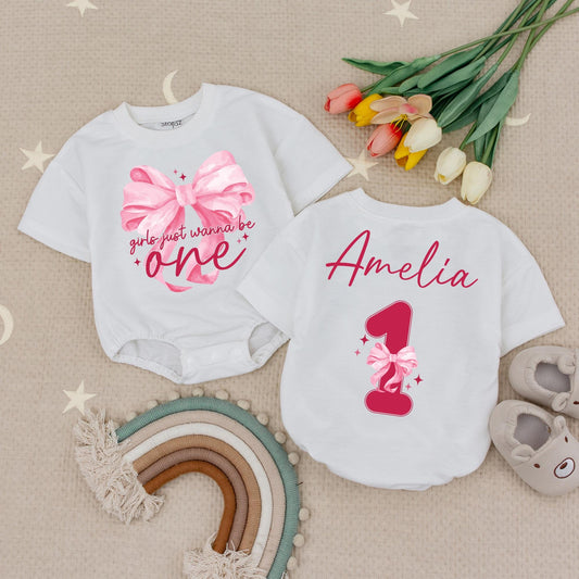 Girls Just Wanna Be One Bodysuit Cute Pink Bows 1st Birthday Baby Romper Personalized Name Amelia One Year Old Bubble Outfit