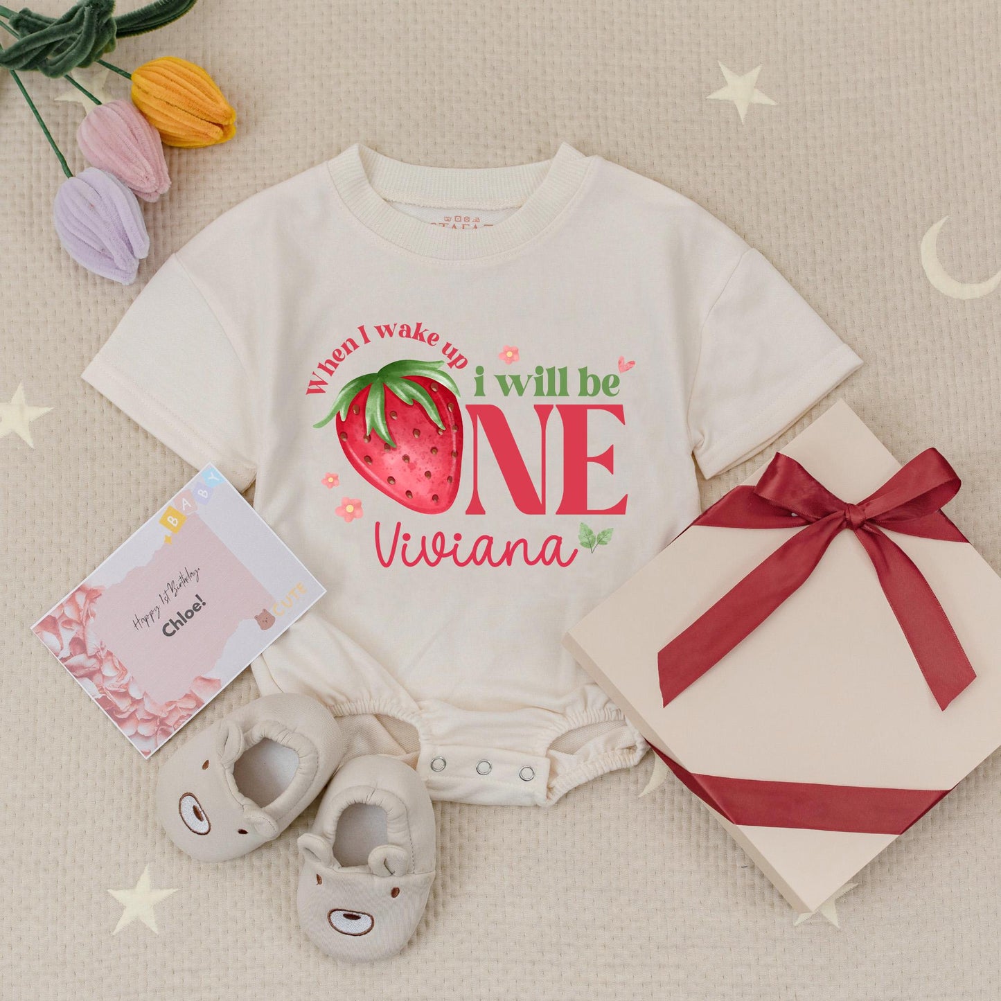 Personalized Girl's 1st Birthday Strawberry Baby Romper When I Wake Up I Will Be One Floral Design Cute Keepsake Baby Grow Outfit