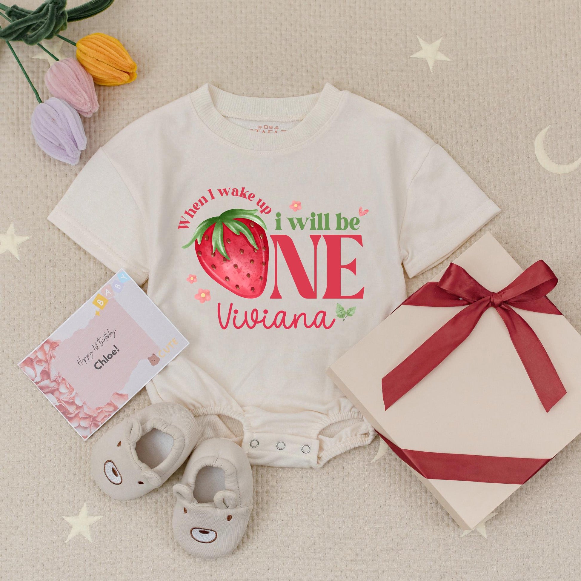 Personalized Girl's 1st Birthday Strawberry Baby Romper When I Wake Up I Will Be One Floral Design Cute Keepsake Baby Grow Outfit
