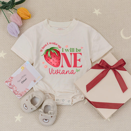 Personalized Girl's 1st Birthday Strawberry Baby Romper When I Wake Up I Will Be One Floral Design Cute Keepsake Baby Grow Outfit