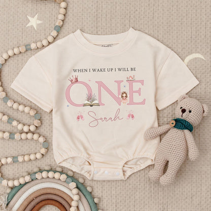 When I Wake Up I Will Be One Cute Pink Fairy Crown Romper Personalized Sarah First Birthday Outfit Baby Girl Gift