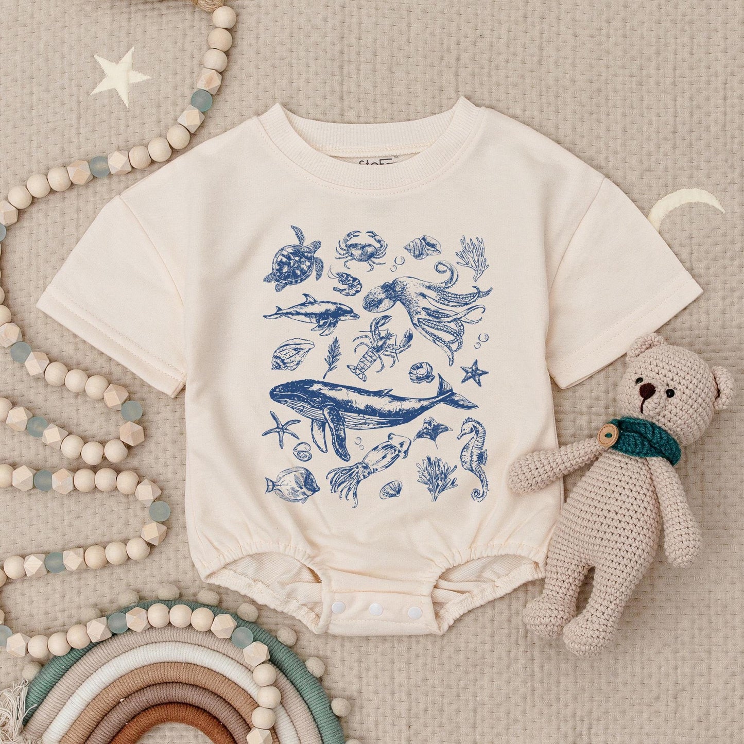 Vintage Ocean Animals Baby Romper Cute Under The Sea Marine Life Illustration Blue Whale Turtle Octopus Crab Summer Beach Vibes Bodysuit