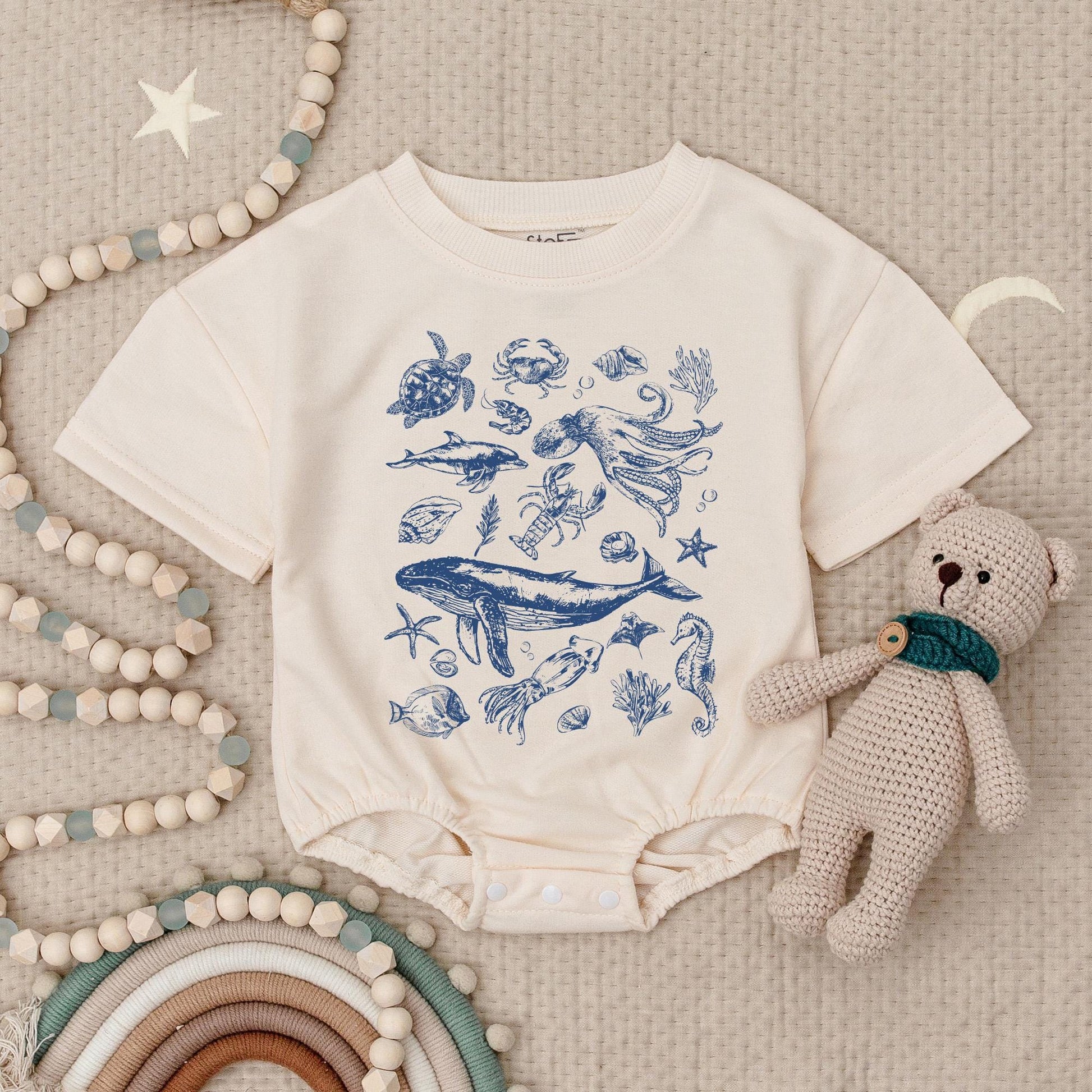 Vintage Ocean Animals Baby Romper Cute Under The Sea Marine Life Illustration Blue Whale Turtle Octopus Crab Summer Beach Vibes Bodysuit