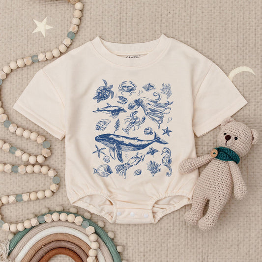 Vintage Ocean Animals Baby Romper Cute Under The Sea Marine Life Illustration Blue Whale Turtle Octopus Crab Summer Beach Vibes Bodysuit