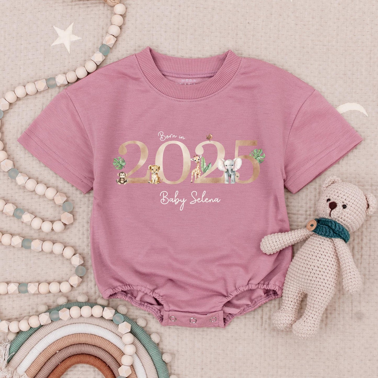 Born in 2025 Safari Baby Romper Personalized Name Gold Year Cute Animal Tropical Leaves Baby Girl Gift First Outfit Going Home