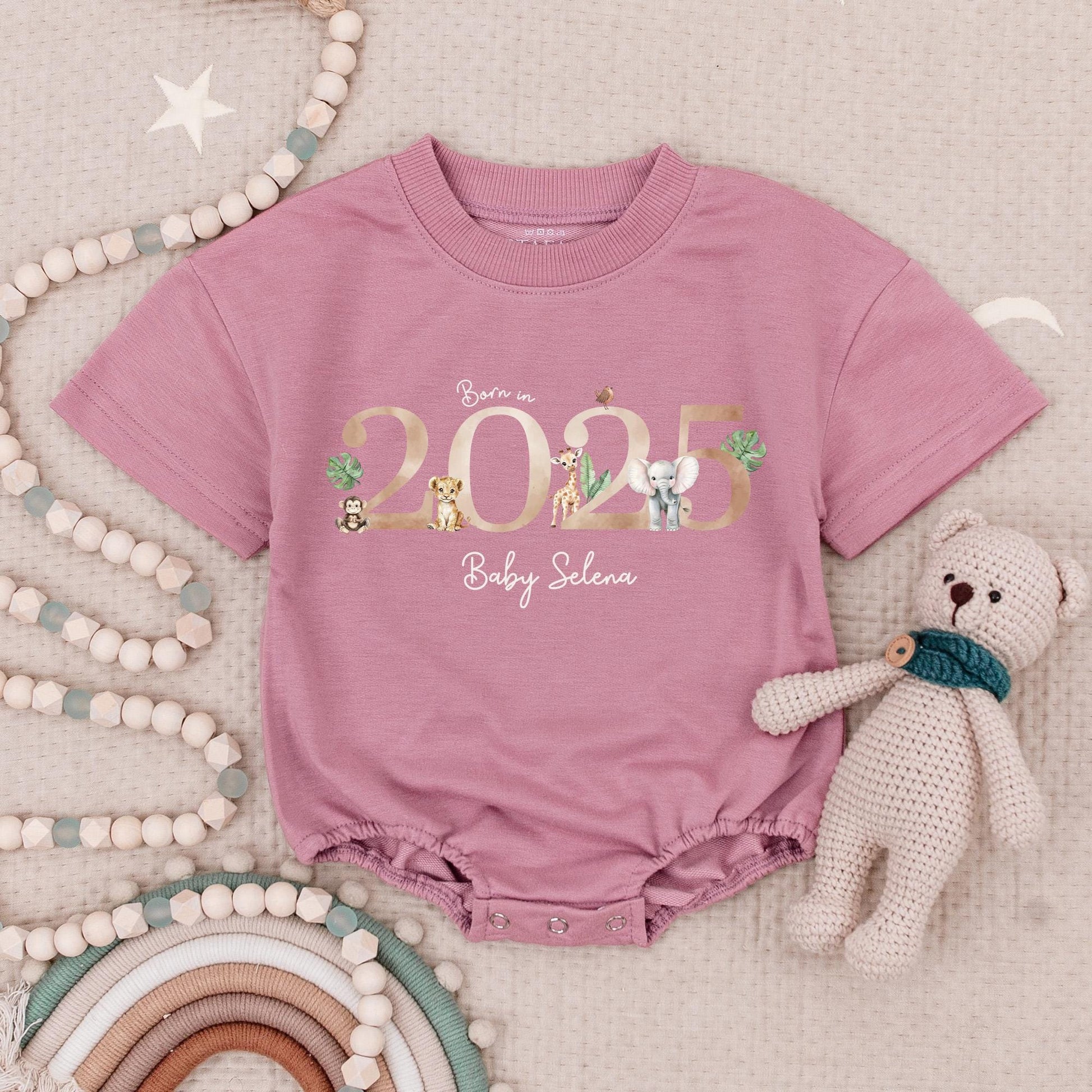 Born in 2025 Safari Baby Romper Personalized Name Gold Year Cute Animal Tropical Leaves Baby Girl Gift First Outfit Going Home