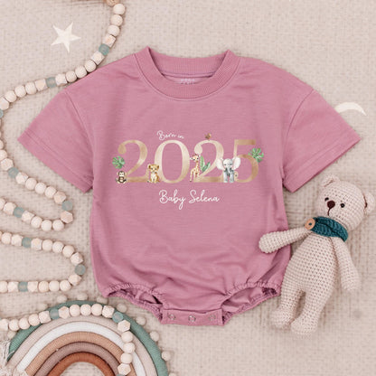 Born in 2025 Safari Baby Romper Personalized Name Gold Year Cute Animal Tropical Leaves Baby Girl Gift First Outfit Going Home