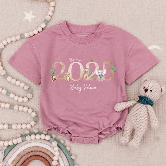 Born in 2025 Safari Baby Romper Personalized Name Gold Year Cute Animal Tropical Leaves Baby Girl Gift First Outfit Going Home