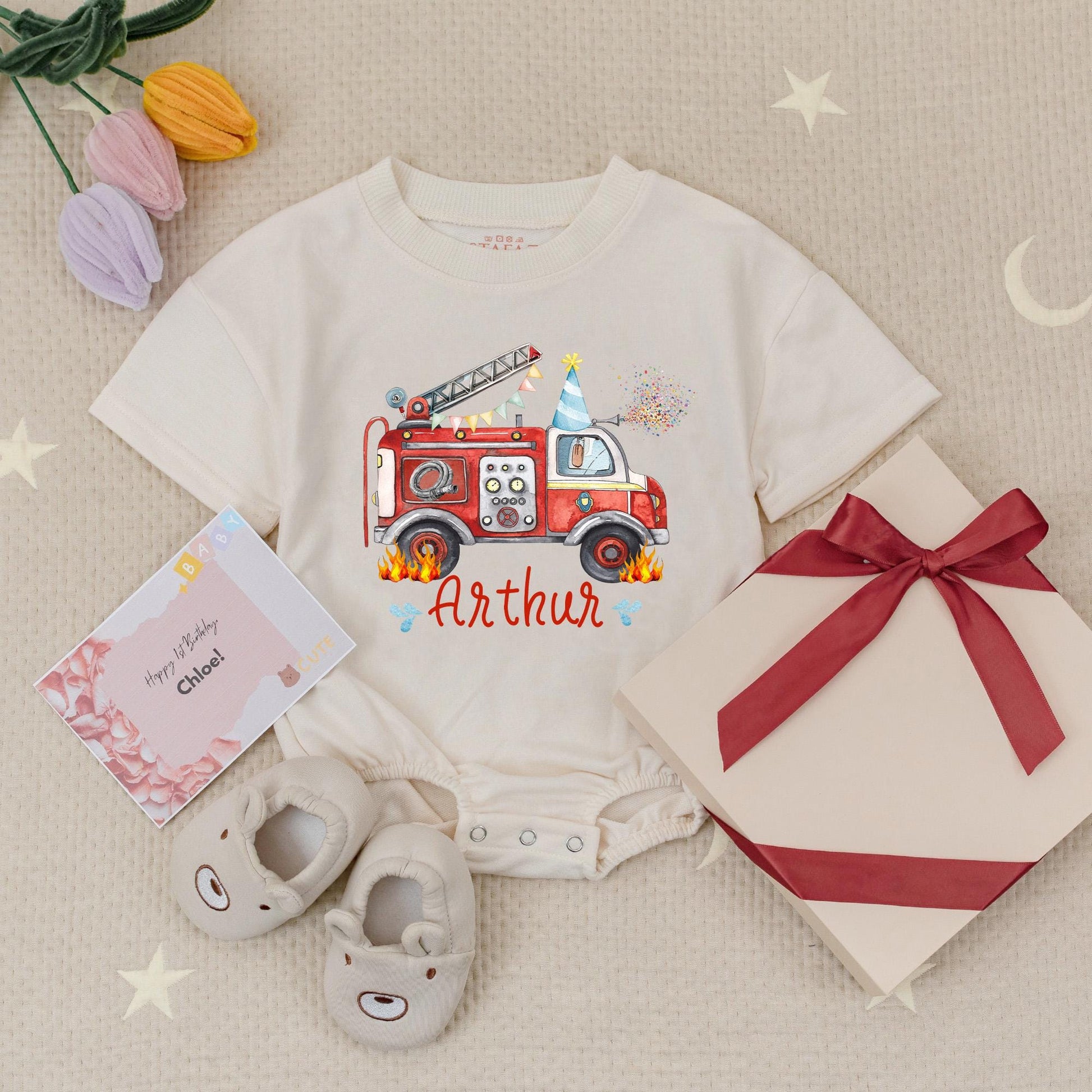 Arthur's Fire Truck Birthday Romper: Personalized First Birthday Outfit, Fun Fire Engine Party Babysuit, Cute Flames Design for Little Boys, Custom Name
