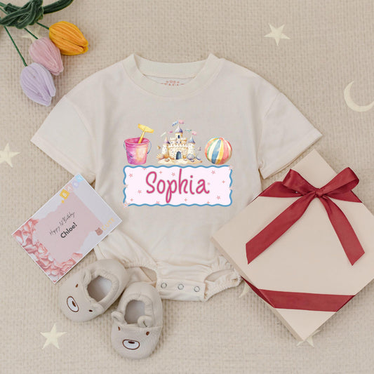 Sophia's Beach Day Romper: Personalized Sandcastle Summer Fun! Custom Name Baby Bodysuit for Girls, Cute Beach Outfit, Vacation Babysuit, Beach Babe Style
