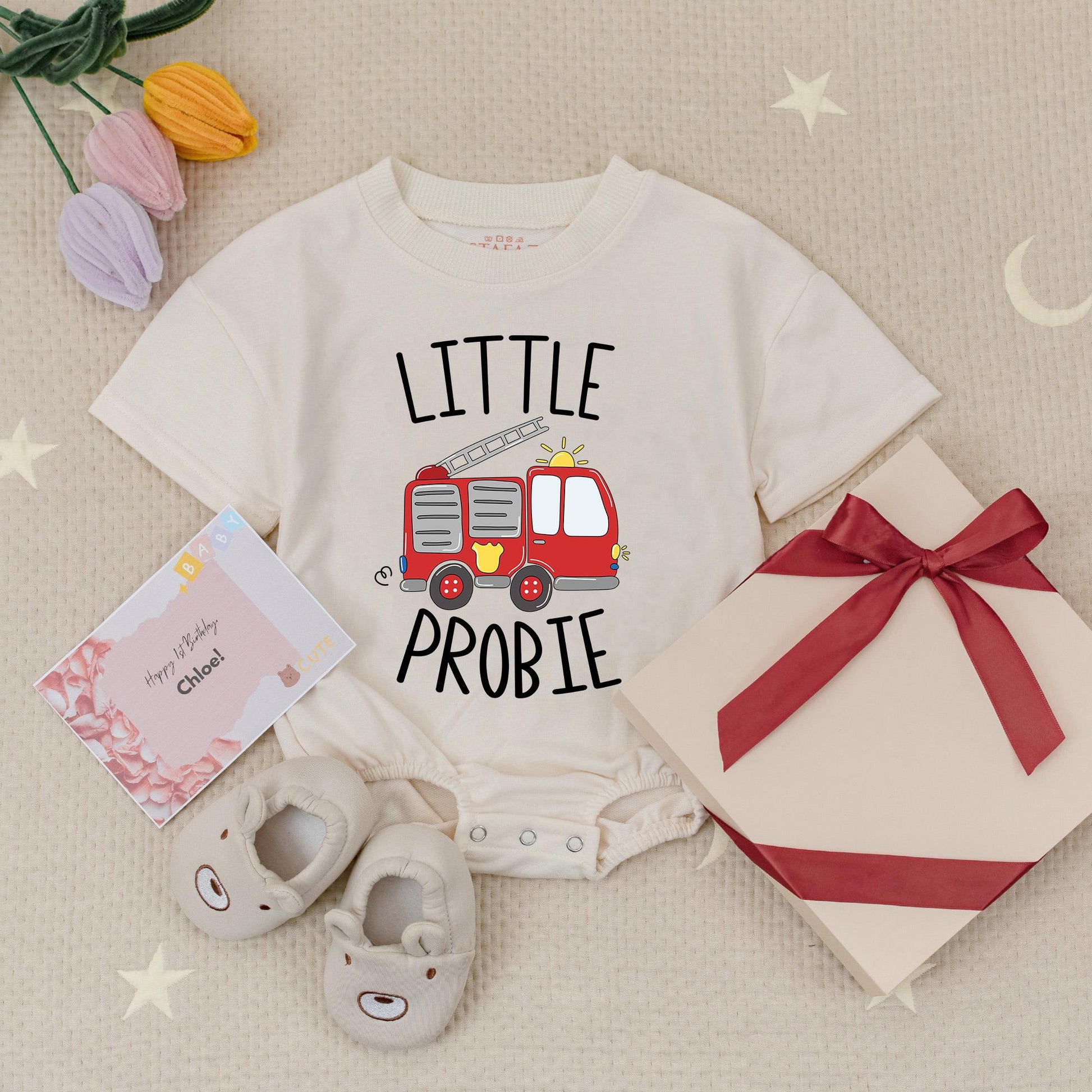 Little Probie Firetruck Baby Romper, Future Firefighter Bodysuit, Playful Truck Design, Baby Fireman Gift, Red Truck Accents, Firewoman Baby Shower Outfit
