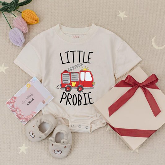 Little Probie Firetruck Baby Romper, Future Firefighter Bodysuit, Playful Truck Design, Baby Fireman Gift, Red Truck Accents, Firewoman Baby Shower Outfit