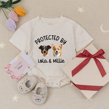 Custom 'Protected by Lola & Millie' Baby Romper with Pet Photo Design Cute Personalized Baby Shower Gift