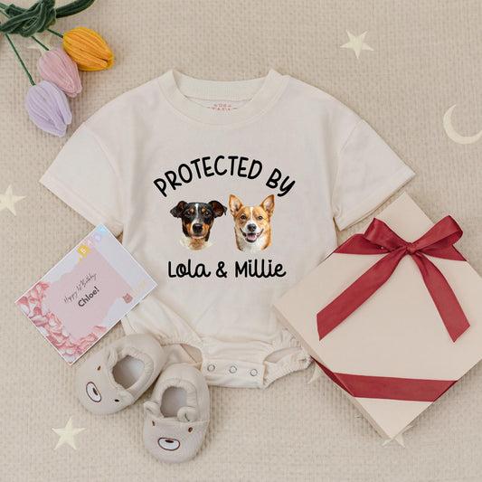 Custom 'Protected by Lola & Millie' Baby Romper with Pet Photo Design Cute Personalized Baby Shower Gift