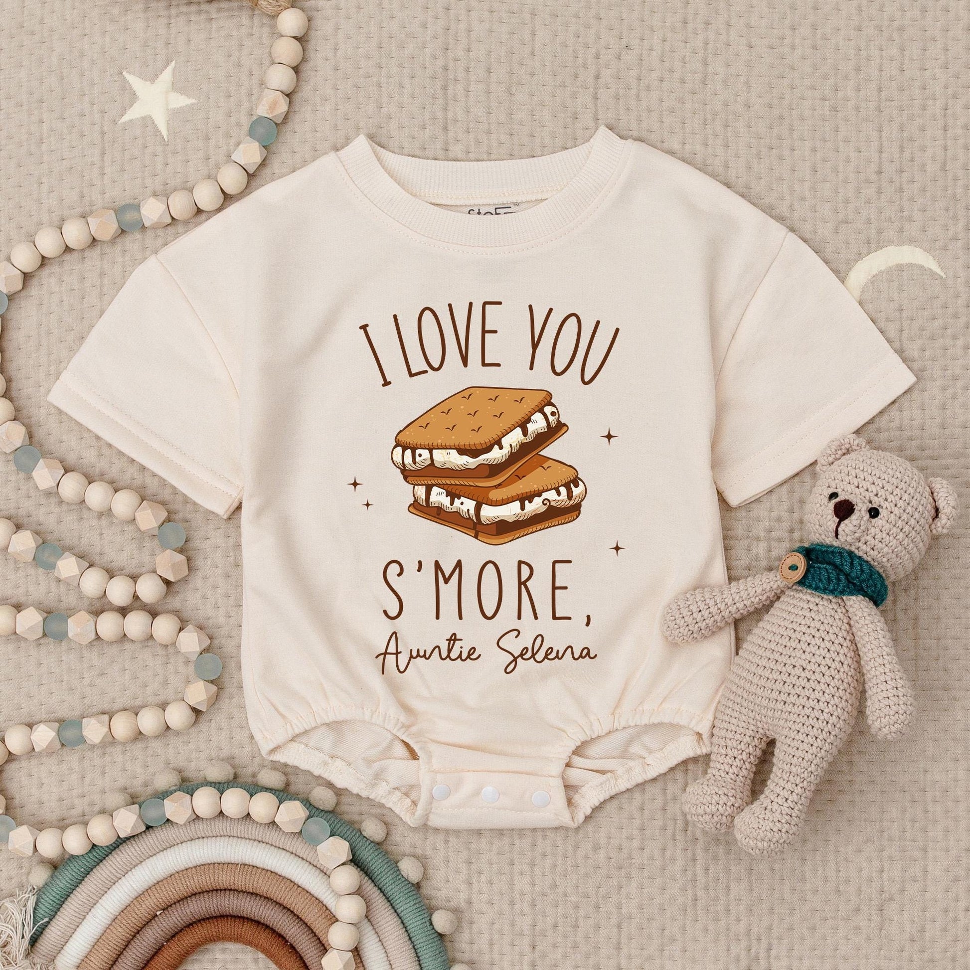 I Love You S'more Auntie Selena Baby Romper, Cute Auntie Gift Outfit, Personalized Auntie's Girl Babysuit, Funny Newborn Clothes Sparkly Smores Design (139 chars)
