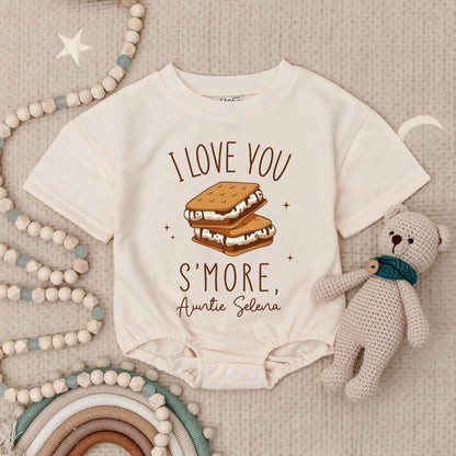 I Love You S'more Auntie Selena Baby Romper, Cute Auntie Gift Outfit, Personalized Auntie's Girl Babysuit, Funny Newborn Clothes Sparkly Smores Design (139 chars)