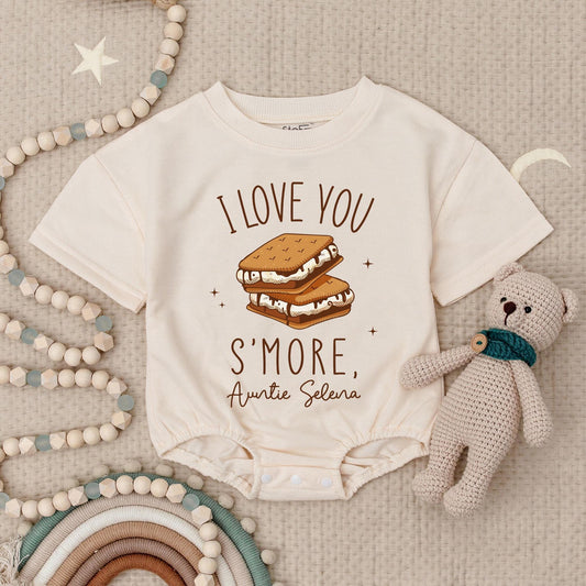 I Love You S'more Auntie Selena Baby Romper, Cute Auntie Gift Outfit, Personalized Auntie's Girl Babysuit, Funny Newborn Clothes Sparkly Smores Design (139 chars)