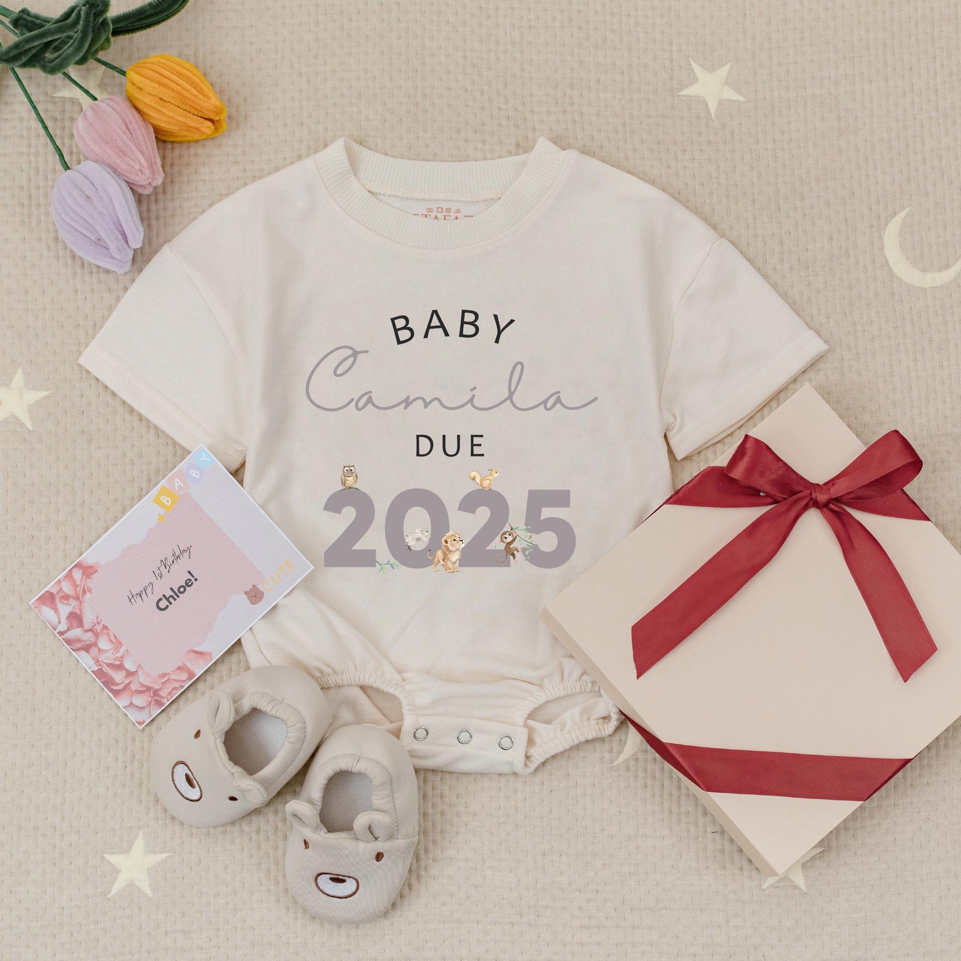 Custom Name Baby Due 2025 Pregnancy Announcement Romper with Safari Animals Baby Grow Gift for Expecting Parents
