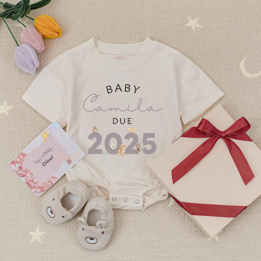 Custom Name Baby Due 2025 Pregnancy Announcement Romper with Safari Animals Baby Grow Gift for Expecting Parents