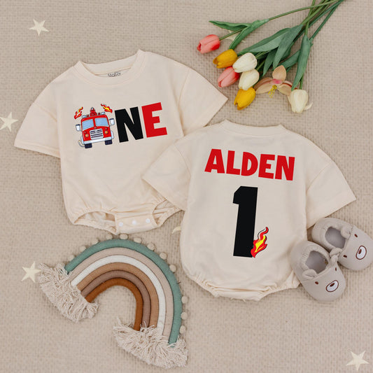 Alden's Fire Truck Birthday Outfit: "One" in Bold Fun! Custom Name Firefighter Baby Clothes Set with Flames, Playful Red & Black Design, Cotton Gift 139