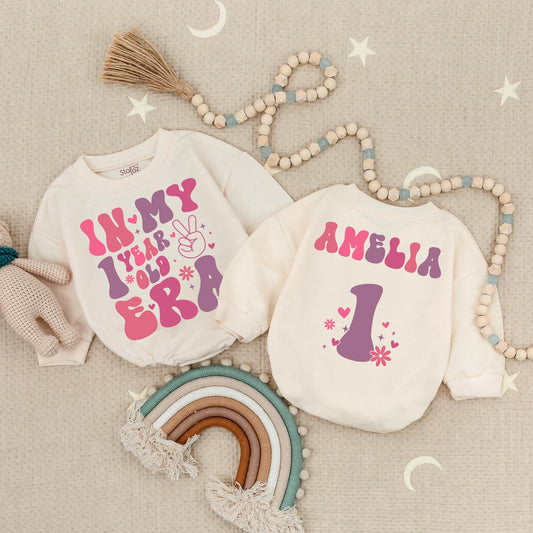 In My 1st Birthday Era Romper Pink Purple Star Girl Outfit One Year Old Party Bodysuit Cute First Birthday Gift, Bubble Romper, 1 Year Celebration (140)