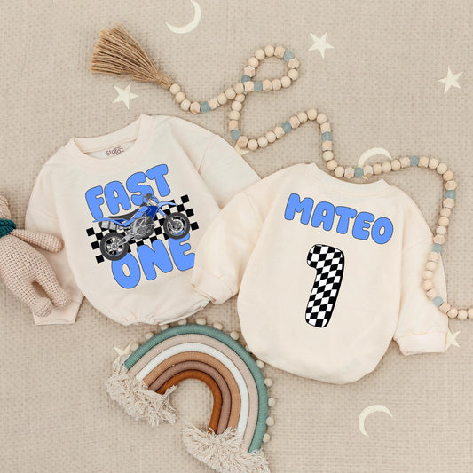 Fast One Motorcycle Romper for Baby Boy's 1st Birthday, Checkered Racing Bodysuit for Moto Birthday, Blue Dirt Bike Outfit, Mateo Number One Party Theme 138 chars