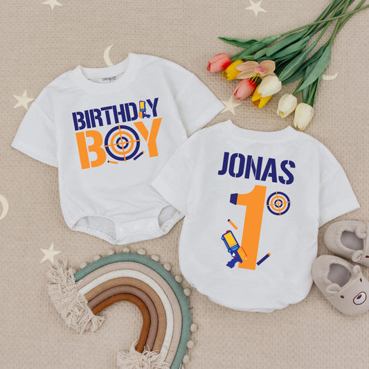 Birthday Boy Target Dart Gun Romper Set: Jonas 1st Birthday Outfit with Toy Gun & Blue Target. Baby Boy Shooting Party