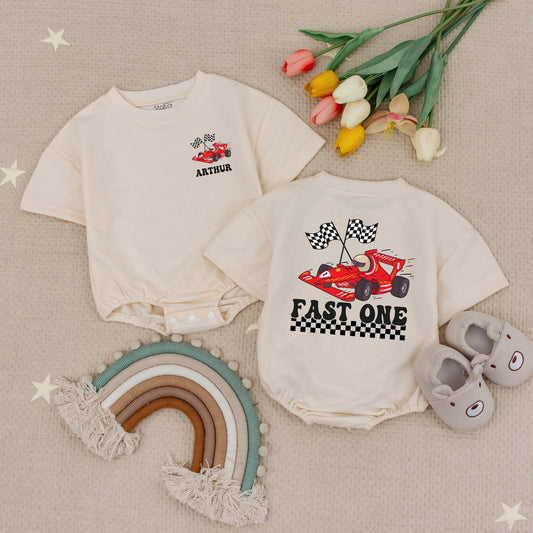Personalized Racecar Birthday Romper, Fast One Bodysuit, Custom Name Racing Outfit for Baby Boy, Checkered Flags, First Birthday Party Gift, 1st Bday