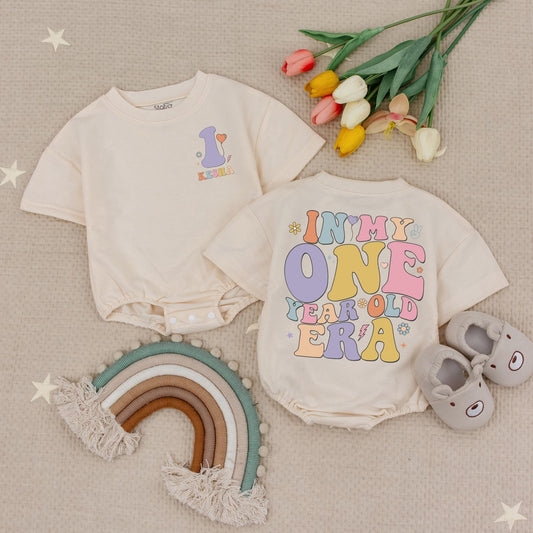 Groovy Pastel "In My One Year Old Era" Baby Romper Retro Flower Star Peace Sign Birthday Outfit Whimsical Pastel Colors 1st Birthday Bodysuit Baby Shower Gift