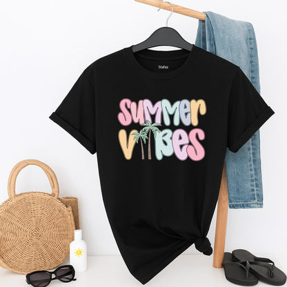 Summer Vibes Beach Shirt for Women: Pastel Bubble Letters & Palm Trees! Retro Summer Tee, Coastal Vacation Gift