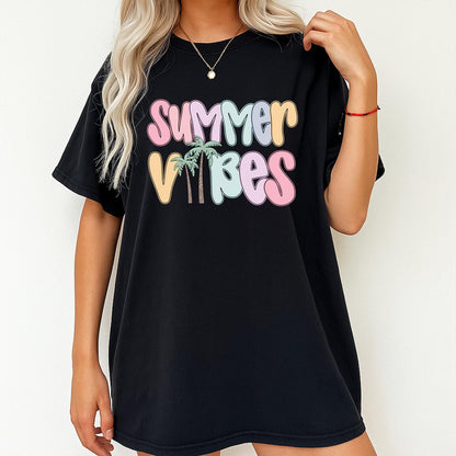 Summer Vibes Beach Shirt for Women: Pastel Bubble Letters & Palm Trees! Retro Summer Tee, Coastal Vacation Gift
