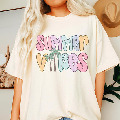 Summer Vibes Beach Shirt for Women: Pastel Bubble Letters & Palm Trees! Retro Summer Tee, Coastal Vacation Gift