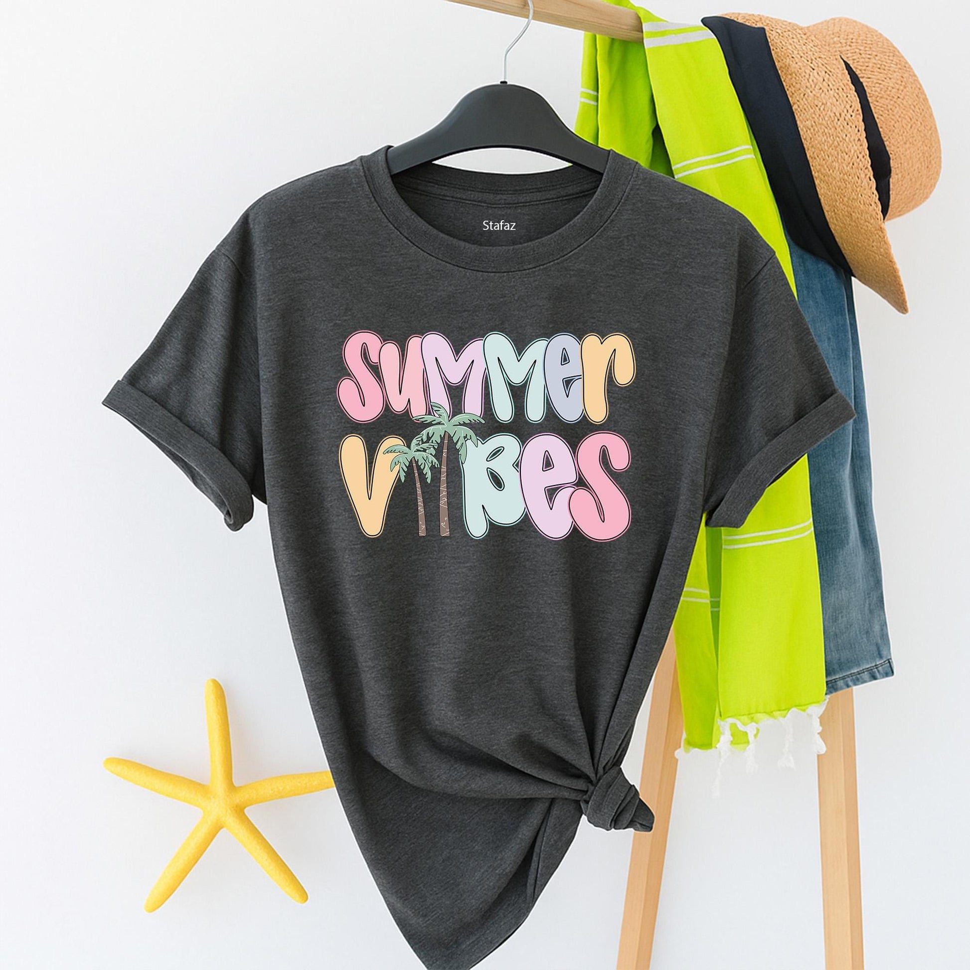 Summer Vibes Beach Shirt for Women: Pastel Bubble Letters & Palm Trees! Retro Summer Tee, Coastal Vacation Gift