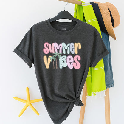 Summer Vibes Beach Shirt for Women: Pastel Bubble Letters & Palm Trees! Retro Summer Tee, Coastal Vacation Gift