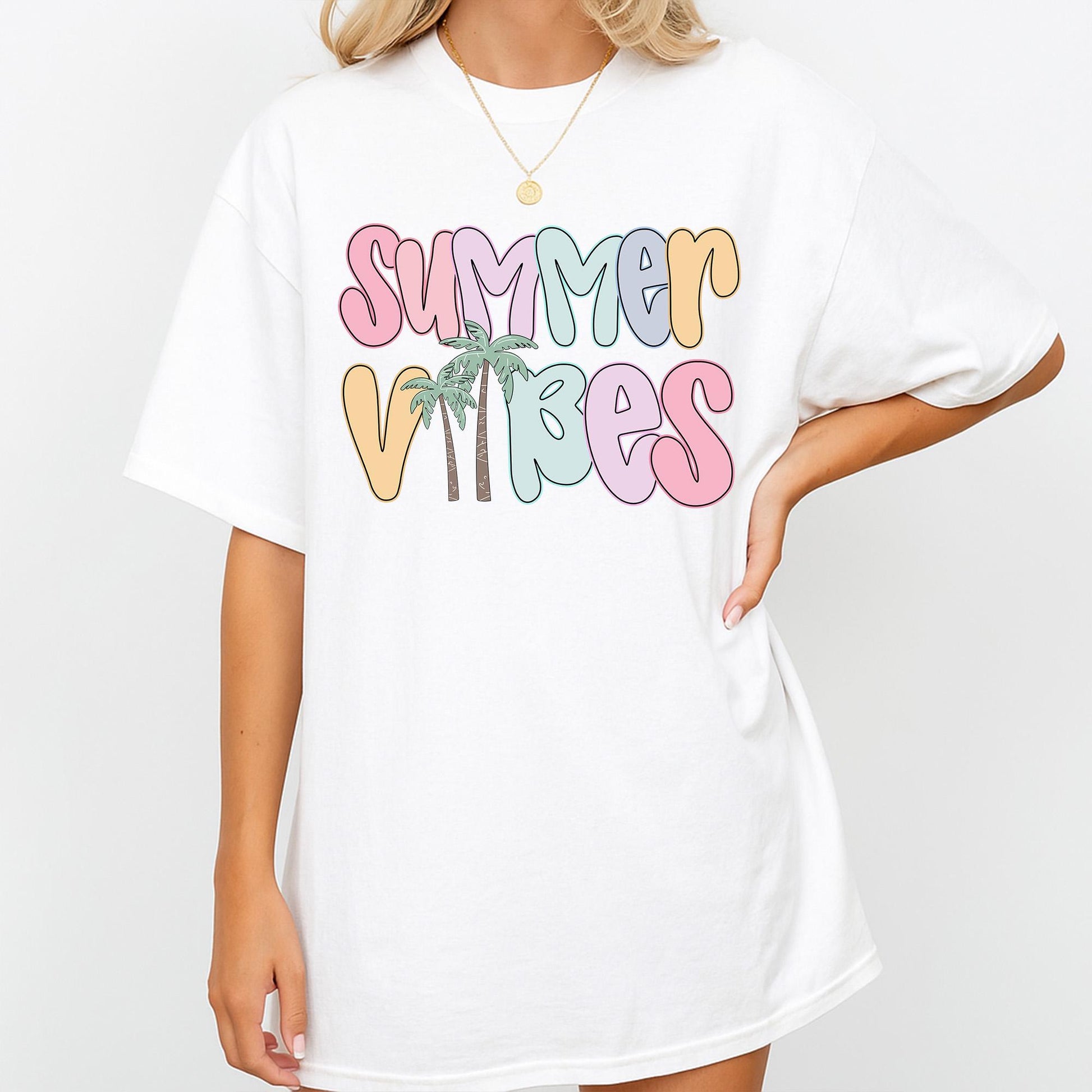 Summer Vibes Beach Shirt for Women: Pastel Bubble Letters & Palm Trees! Retro Summer Tee, Coastal Vacation Gift