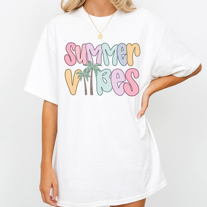 Summer Vibes Beach Shirt for Women: Pastel Bubble Letters & Palm Trees! Retro Summer Tee, Coastal Vacation Gift